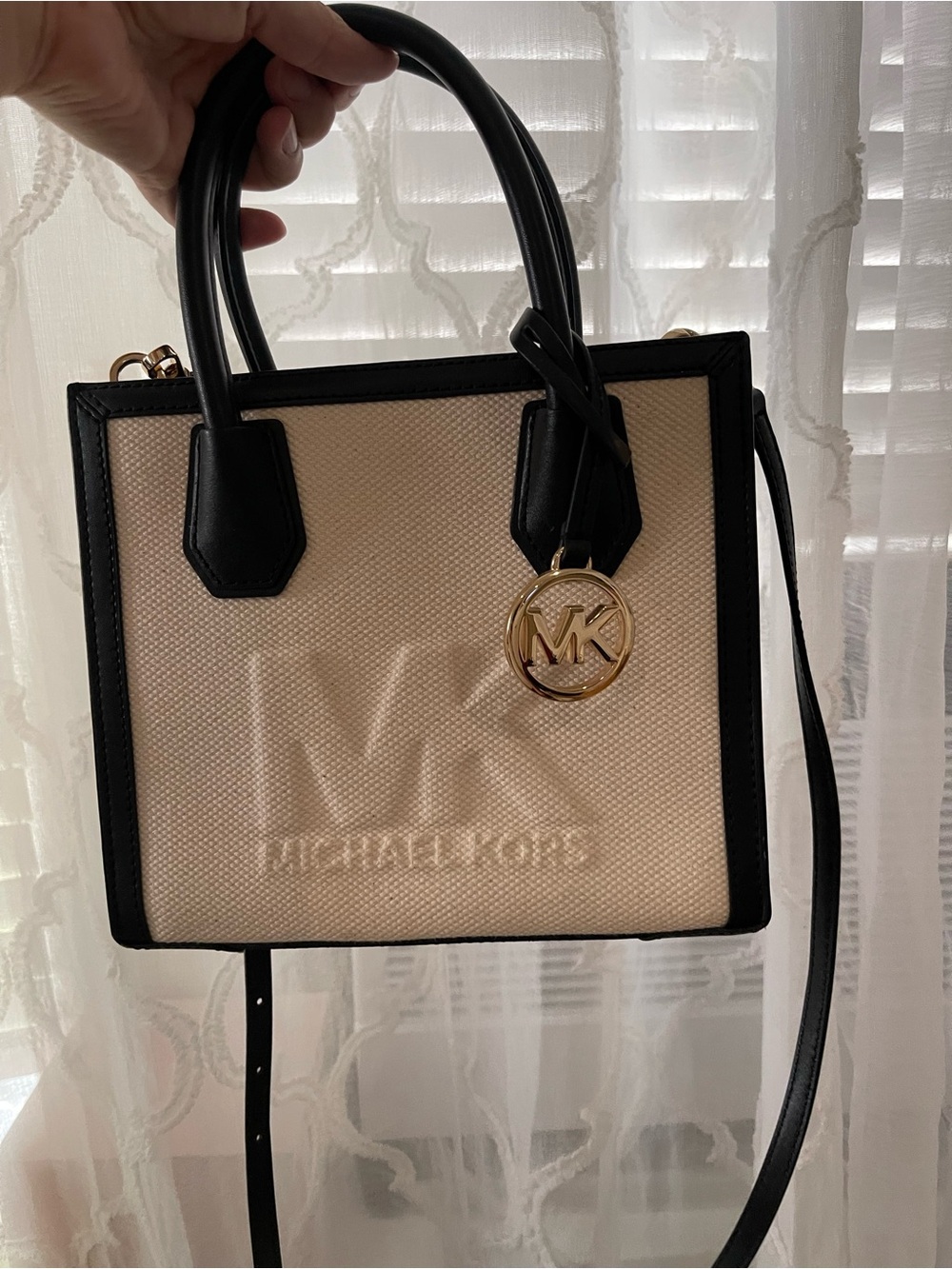 Michael Kors Beige and Black Satchel with Gold MK Charm